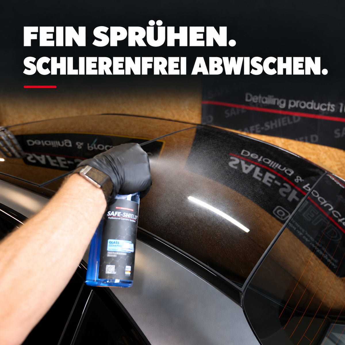 Safe-Shield Glas Reiniger Pro wordt als fijne nevel op autoglas aangebracht – fijn sprayen en streeploos afnemen