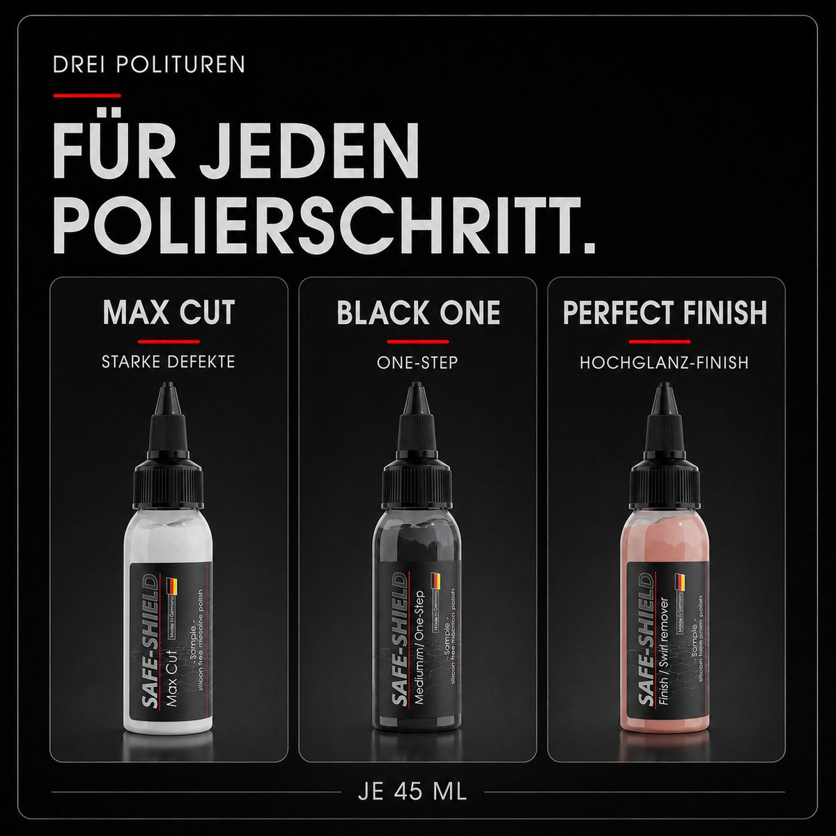 Max Cut, Black One en Perfect Finish polijstmiddelmonsters voor lakcorrectie, One-Step en hoogglans