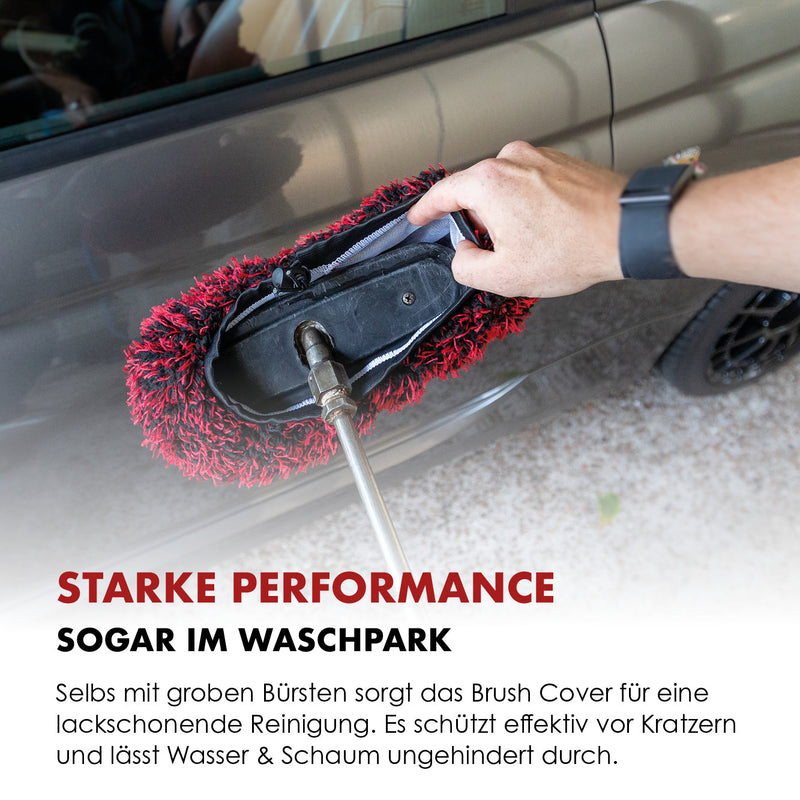 Brush Cover wordt over de kop van een wasborstel getrokken