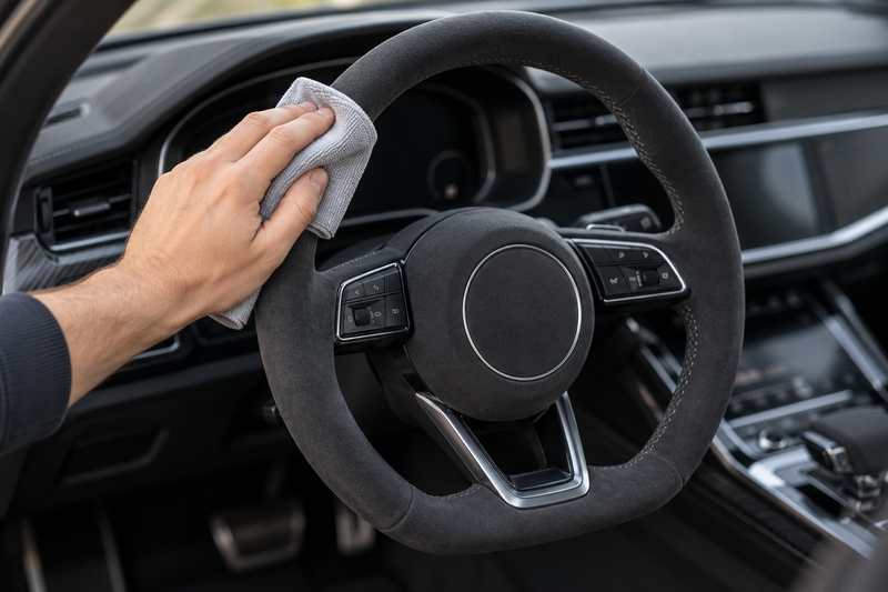 Illustration : nettoyage doux d’un volant en Alcantara avec un chiffon en microfibre.