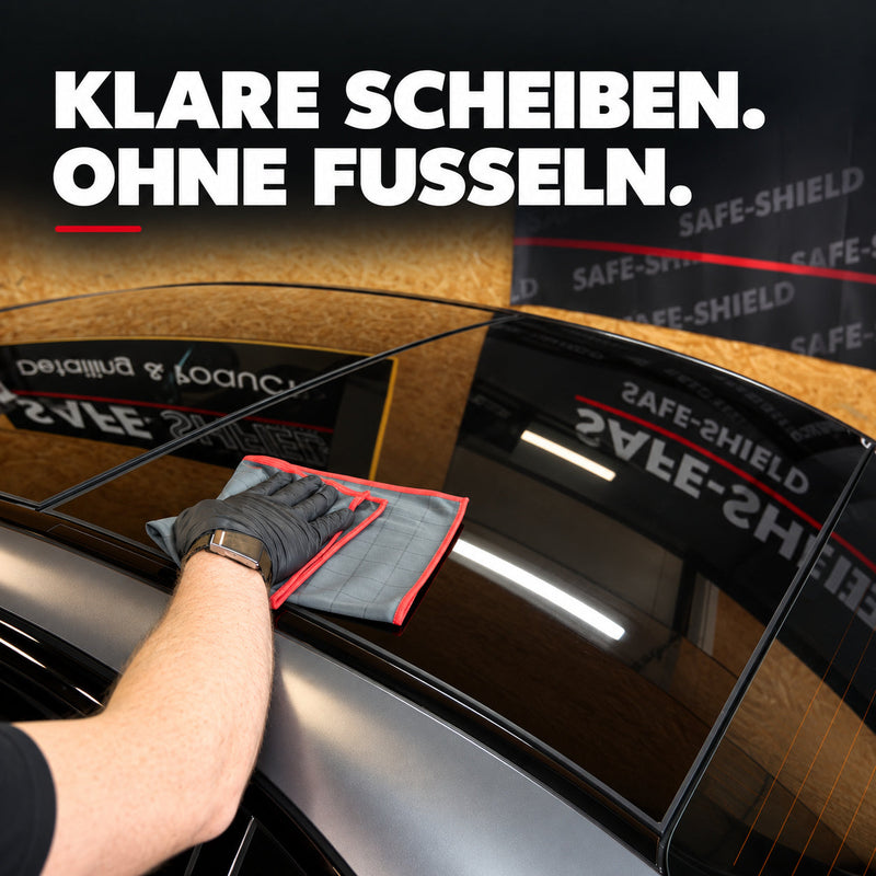 Illustration du nettoyage du vitrage automobile avec un chiffon Carbon : vitres nettes, sans peluches.