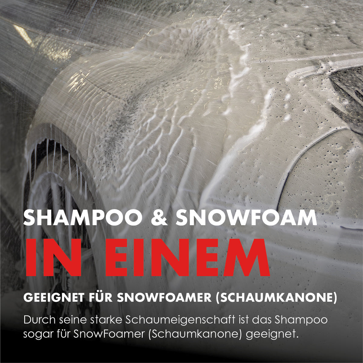 Side of a vehicle covered in foam, showing Wash & Snow Foam in use