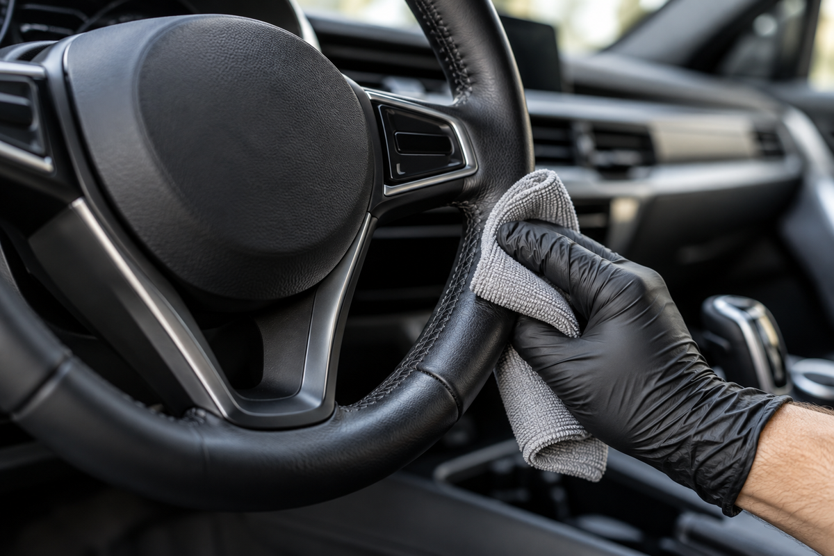 Illustration : nettoyage d’un volant en cuir noir avec un chiffon en microfibre.