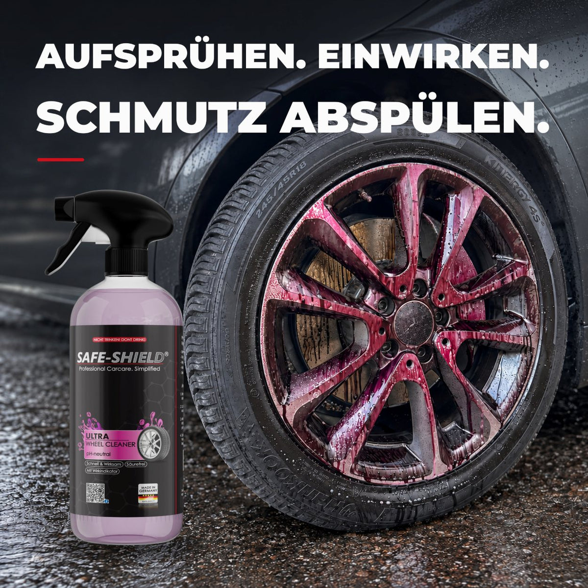 Safe-Shield Wheel Cleaner à côté d’une jante avec indicateur d’action violet.