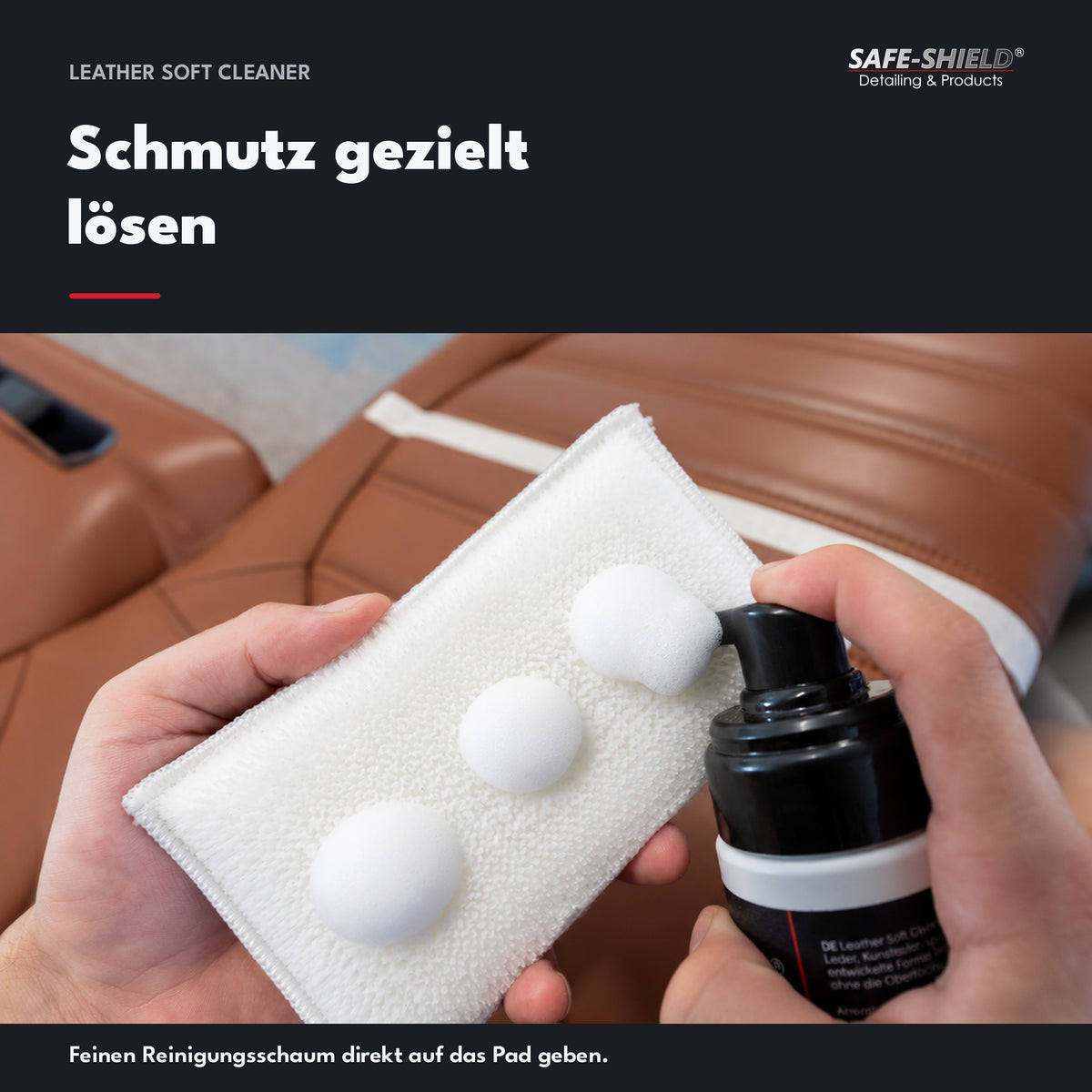 Safe-Shield Leather Soft Cleaner dispensed as cleaning foam onto the Double Scrub Pad.