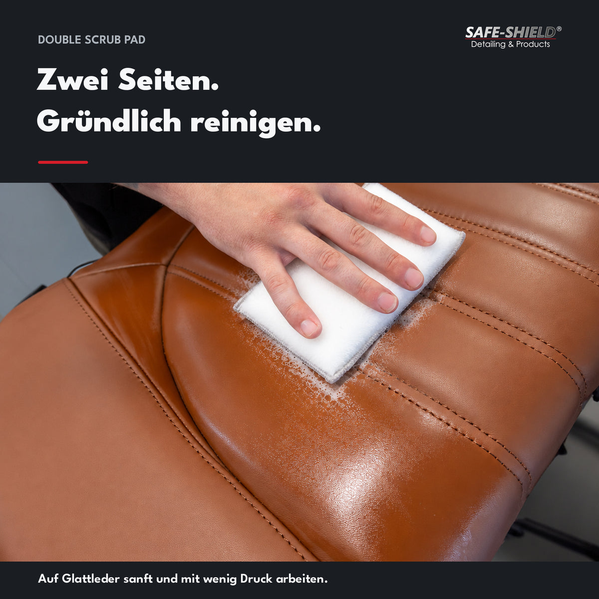 A brown smooth-leather car seat gently cleaned with the Double Scrub Pad and cleaning foam.