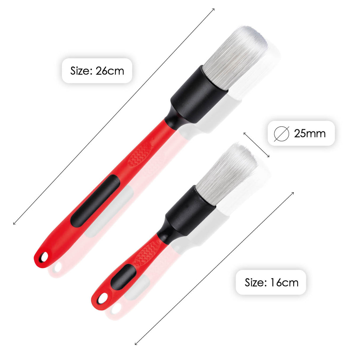 Dimensions of grey Allround detailing brushes: 16 and 26 cm, diameter 25 mm