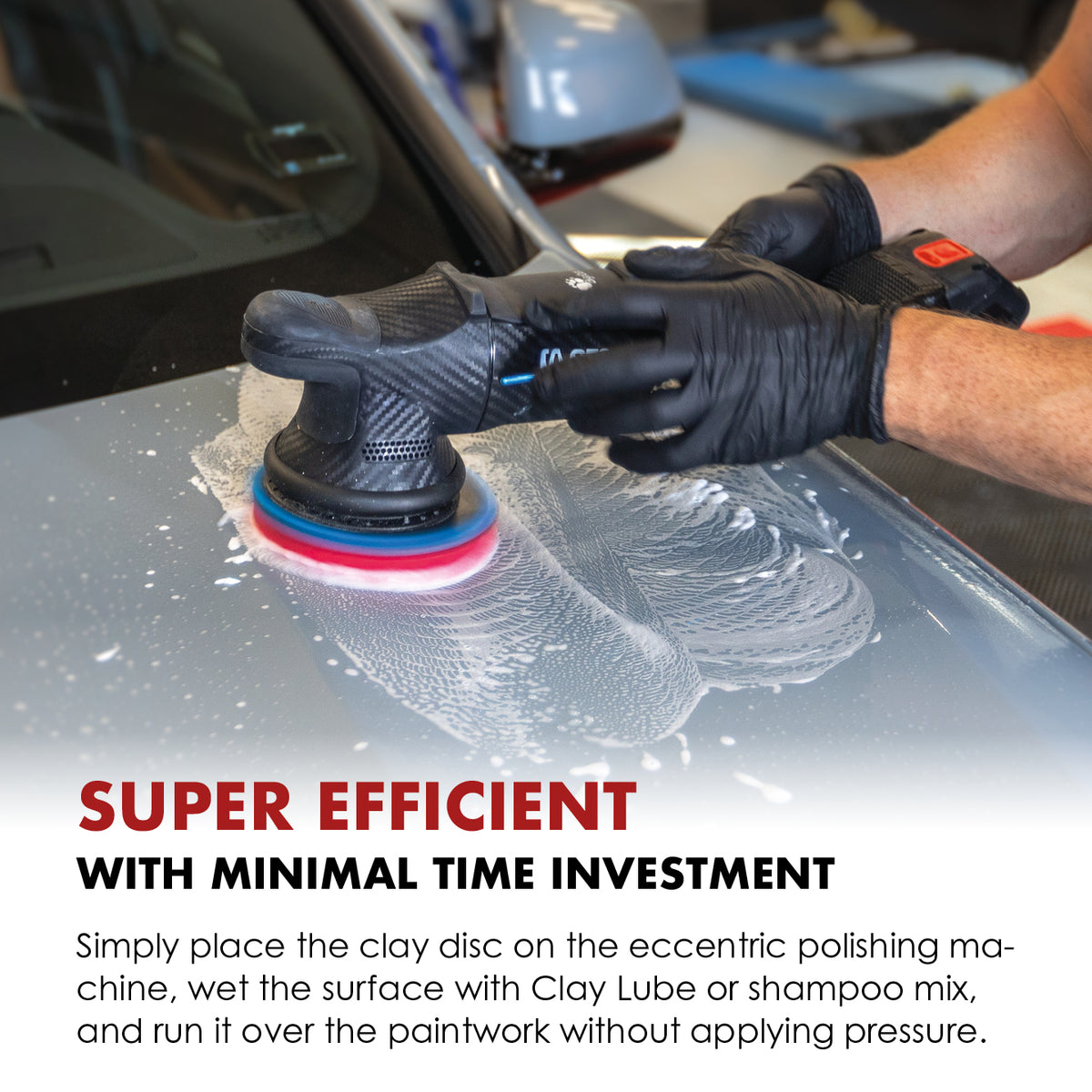Safe-Shield Clay Disc used with a dual-action polisher on lubricated car paint.