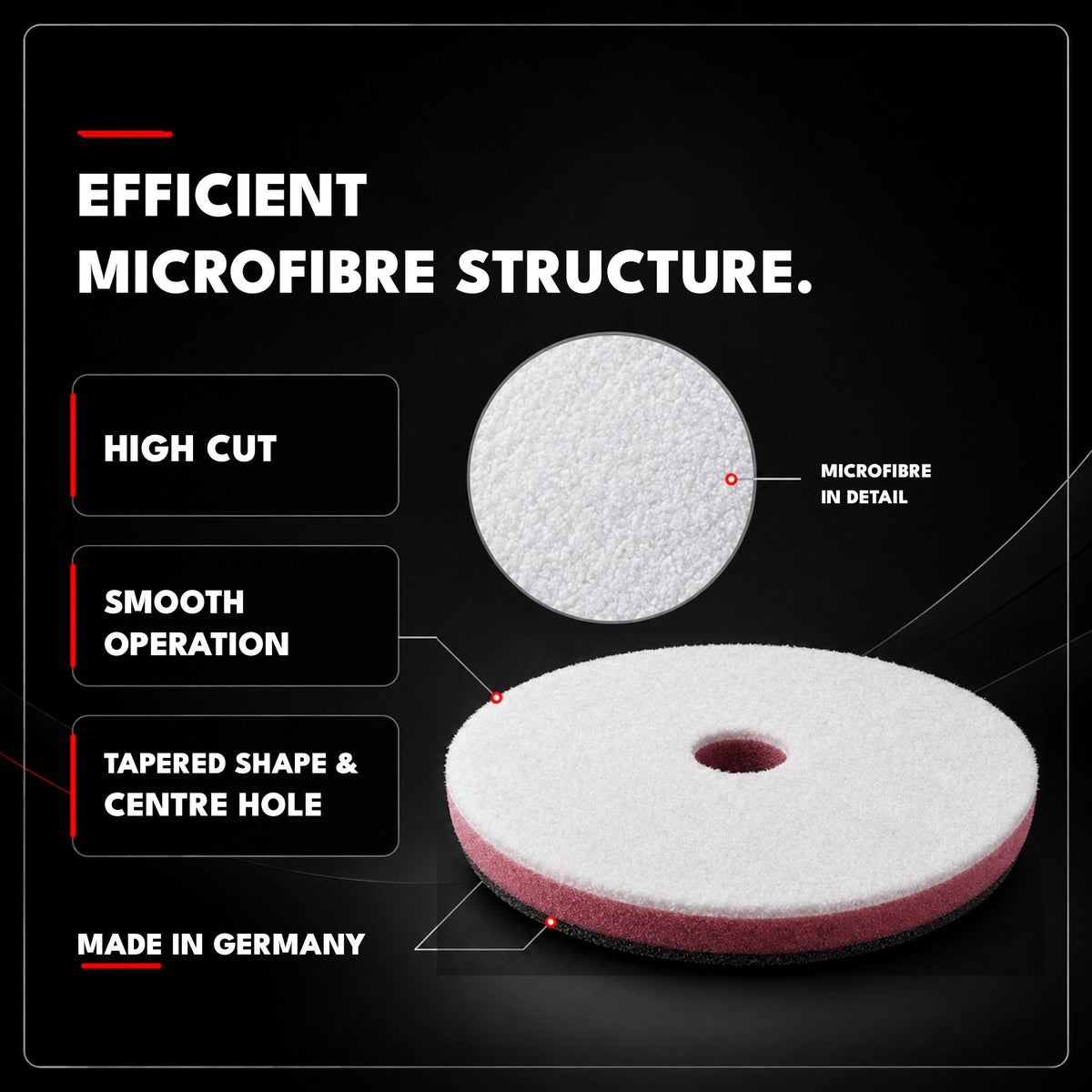 Microfibre surface, tapered shape and centre hole of the Safe-Shield Microfibre Cutting Pad.