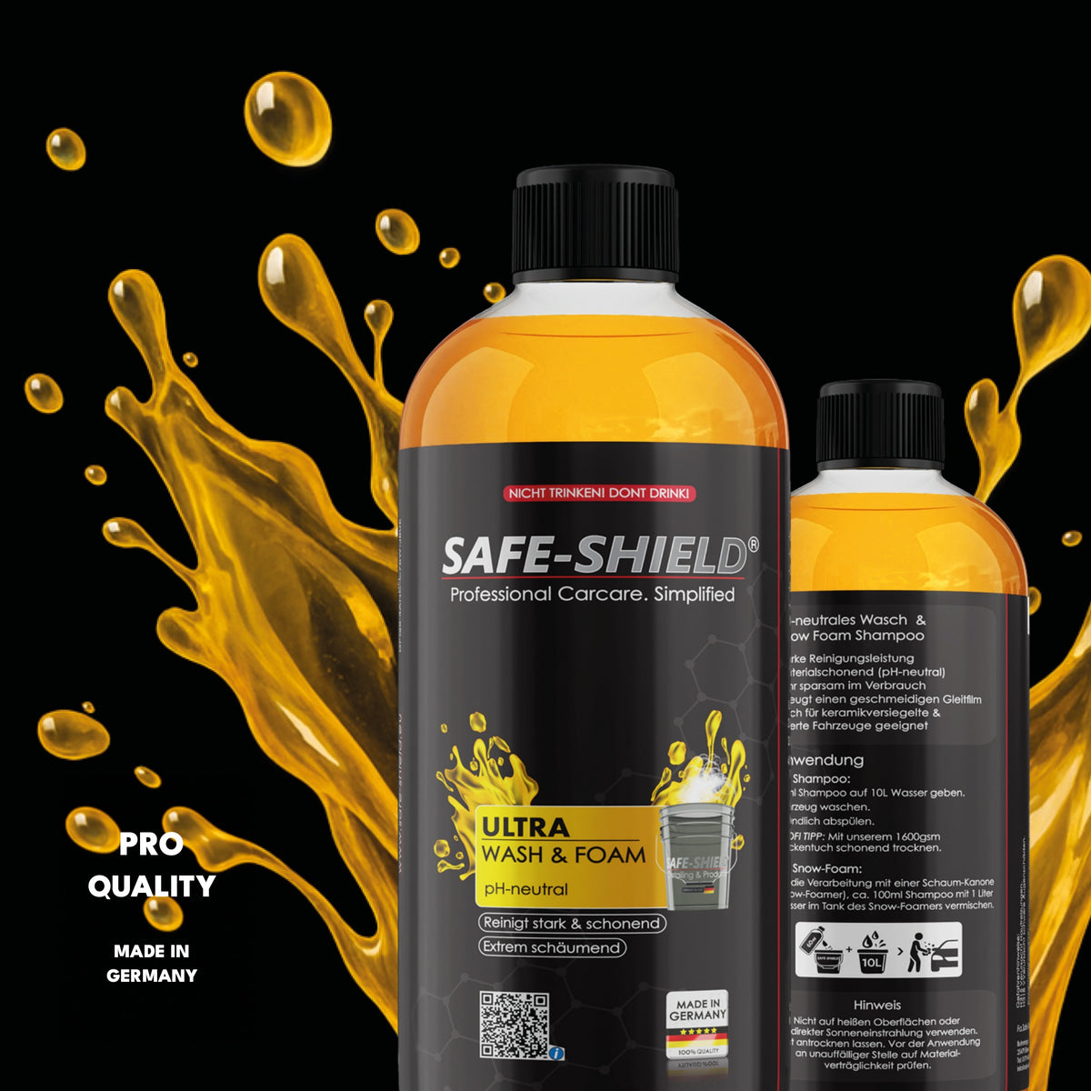 Safe-Shield Wash & Snow Foam pH-neutral shampoo bottles with yellow liquid splash background.