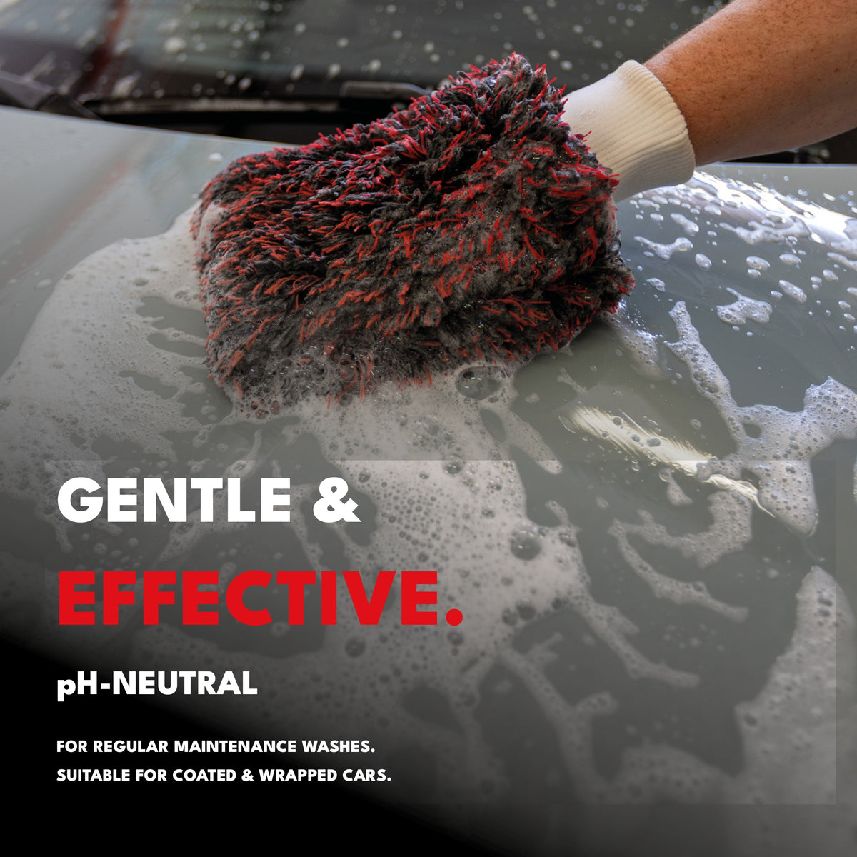 Wash mitt on a foamy car bonnet, showing pH-neutral Wash & Snow Foam for coated and wrapped cars.