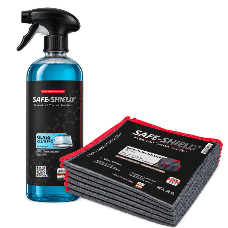750 ml glass cleaner with Carbon glass cloths for streak-free cleaning.