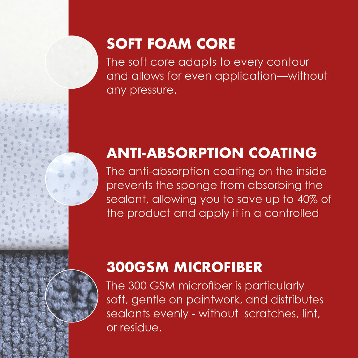 Safe-Shield small microfibre applicator cross-section showing the foam core, inner barrier and 300 GSM fibres.