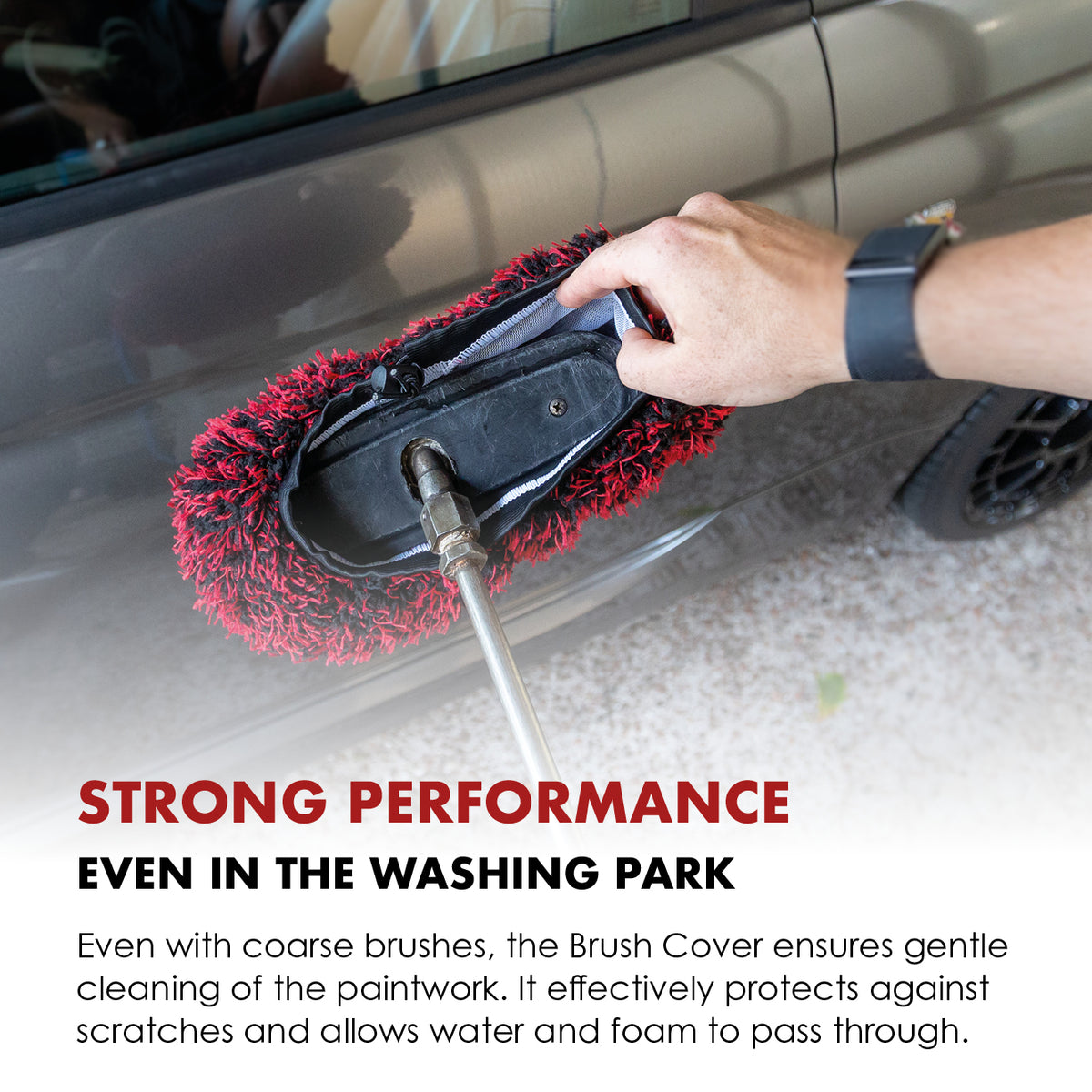 Safe-Shield Brush Cover being fitted over a car wash brush.