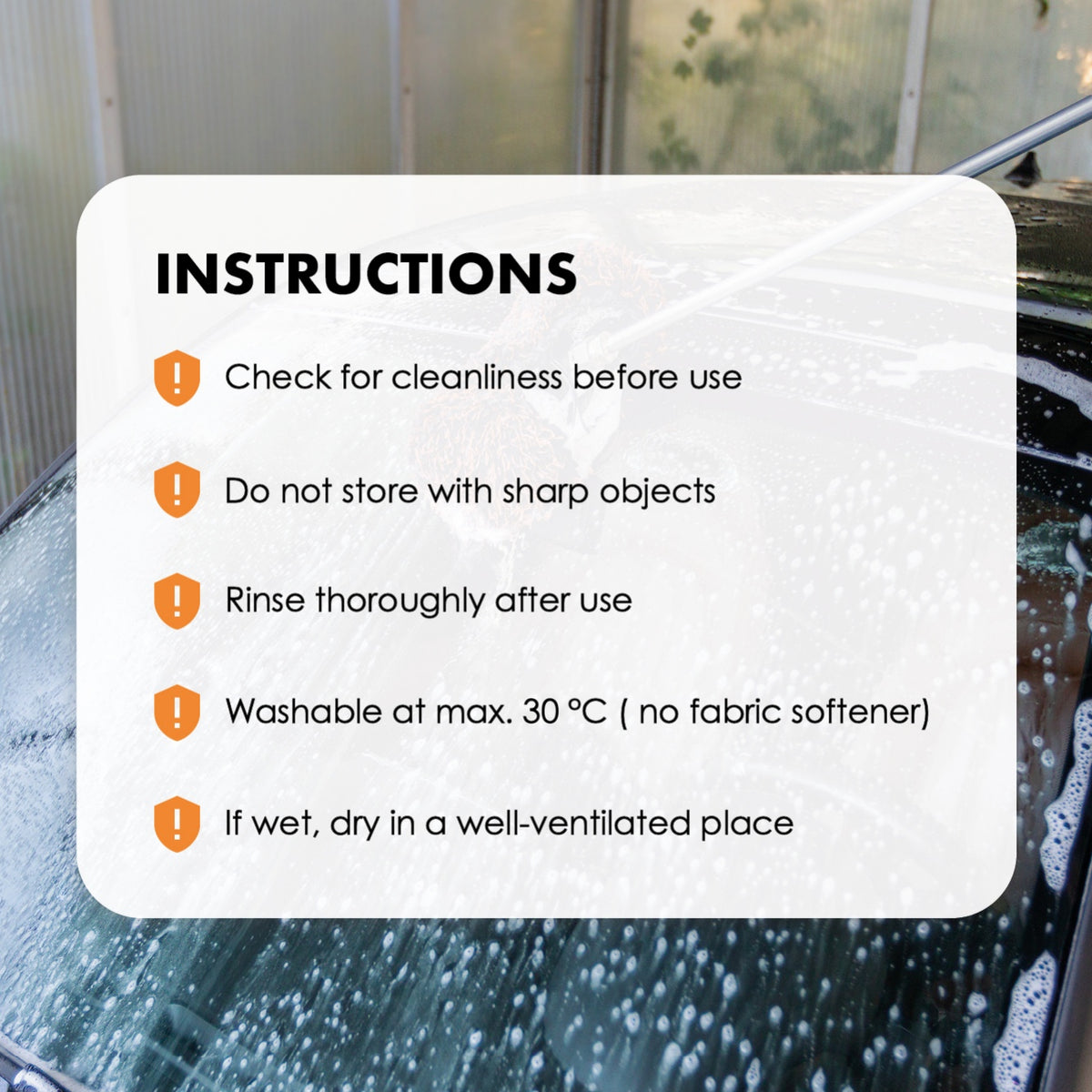 Care instructions for the Safe-Shield Brush Cover car wash brush sleeve.