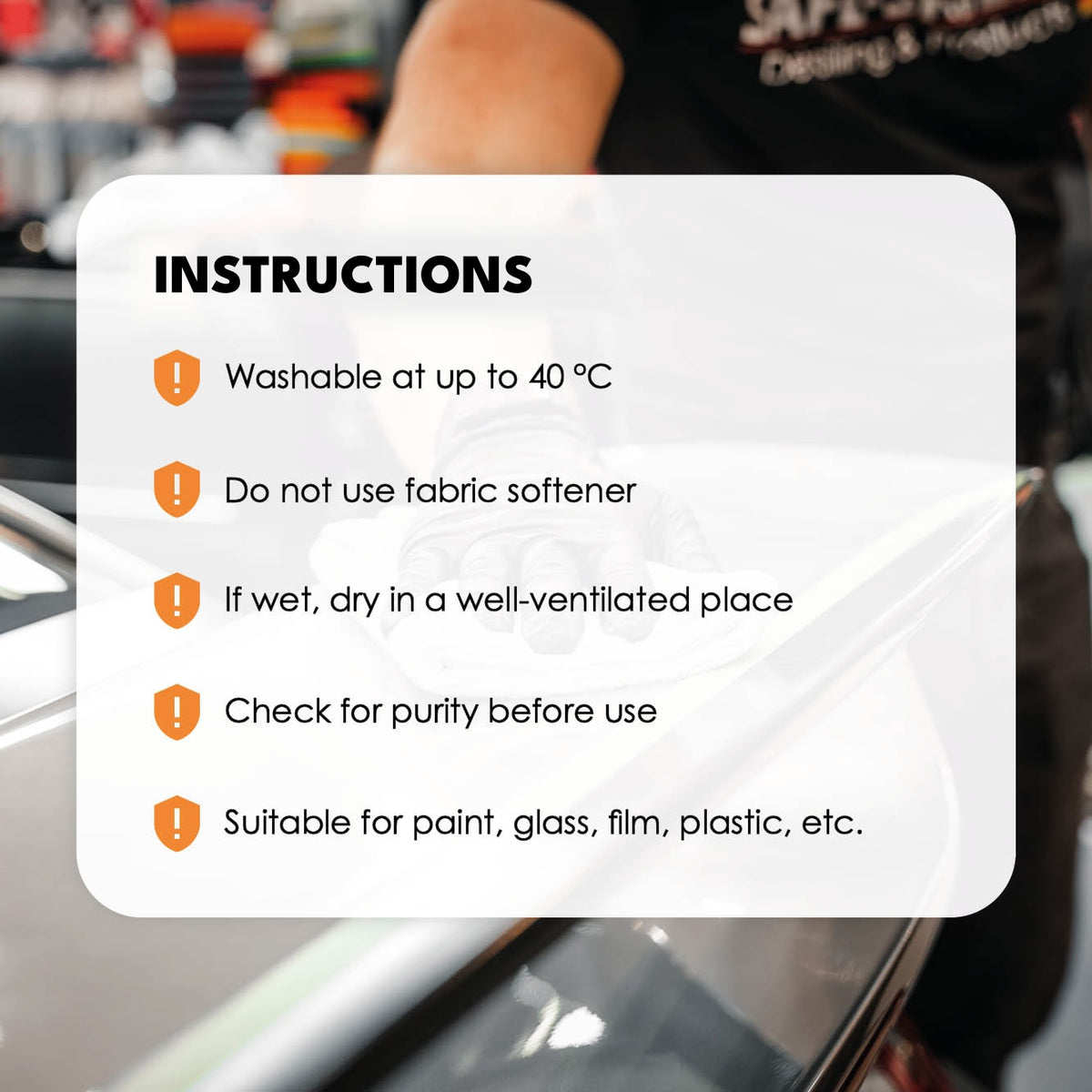 Care instructions for the Safe-Shield 400 GSM microfibre polishing cloth.