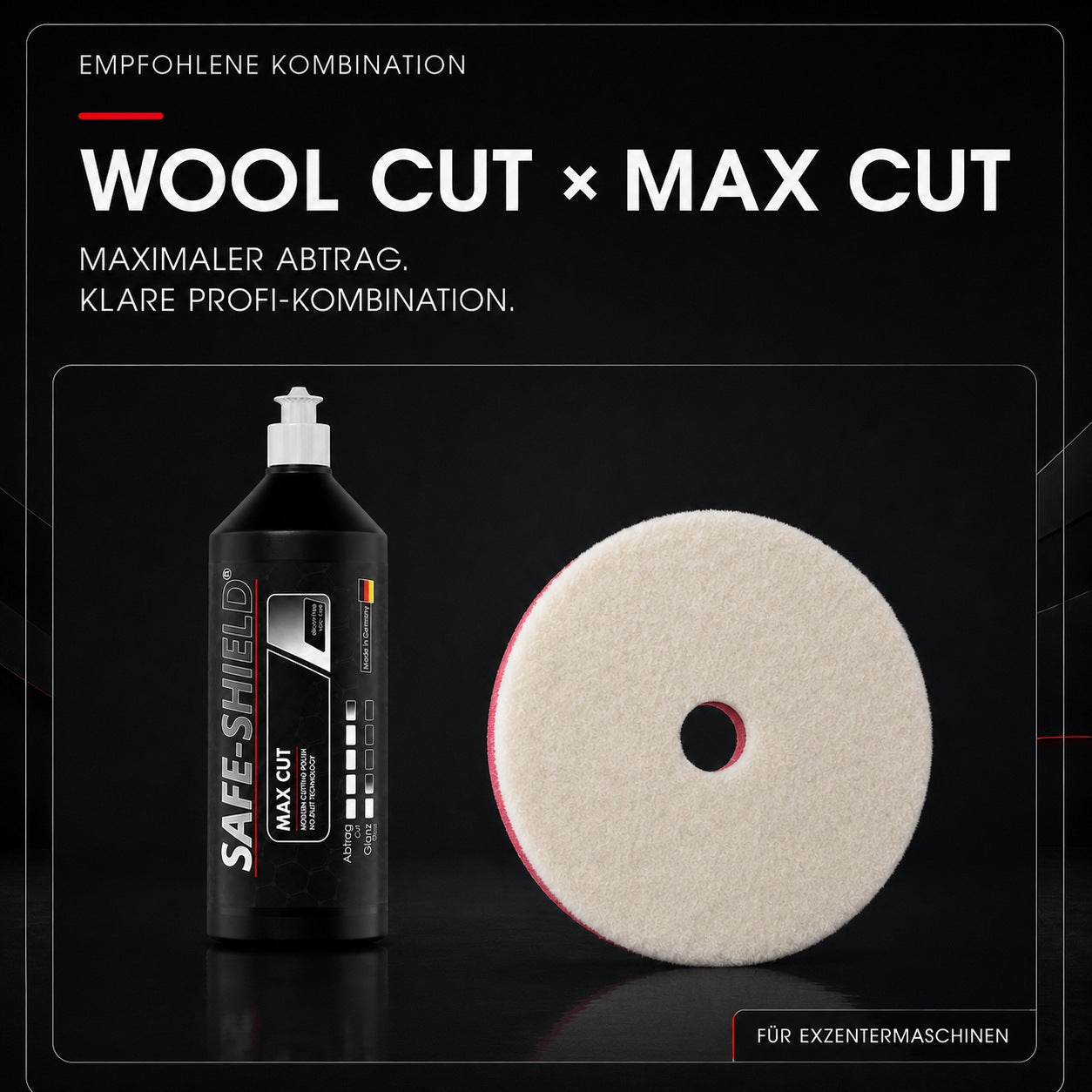 Kurze Wollfasern des Wool Cutting Pads mit Schaumstoff-Zwischenlage und Mittelloch